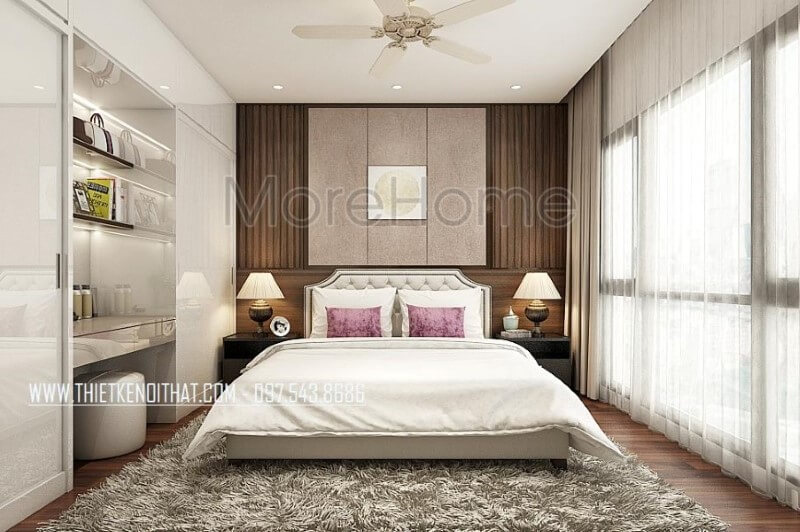 Thiết kế nội thất phòng ngủ master sang trọng, độc đáo với giường ngủ hiện đại bọc nệm đẹp, tab đầu giường sắc đen phá cách cùng tường trang trí đẹp mắt. Thiết kế chung cư