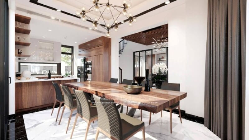 Sẽ là một gợi ý tuyệt vời với sự hiện hữu tủ bếp gỗ óc chó veneer trầm ấm kết hợp gam màu trắng sáng, long lanh từ tủ bếp trên gỗ công nghiệp acrylic và mặt bàn bếp đá nhân tạo gốc thạch anh. Sự tương phản giữa 2 sắc màu sẽ là ý tưởng tuyệt vời cho bố trí nội thất phòng bếp hiện đại cho không gian nhà phố, biệt thự. Thiết kế tủ bếp biệt thự sang trọng