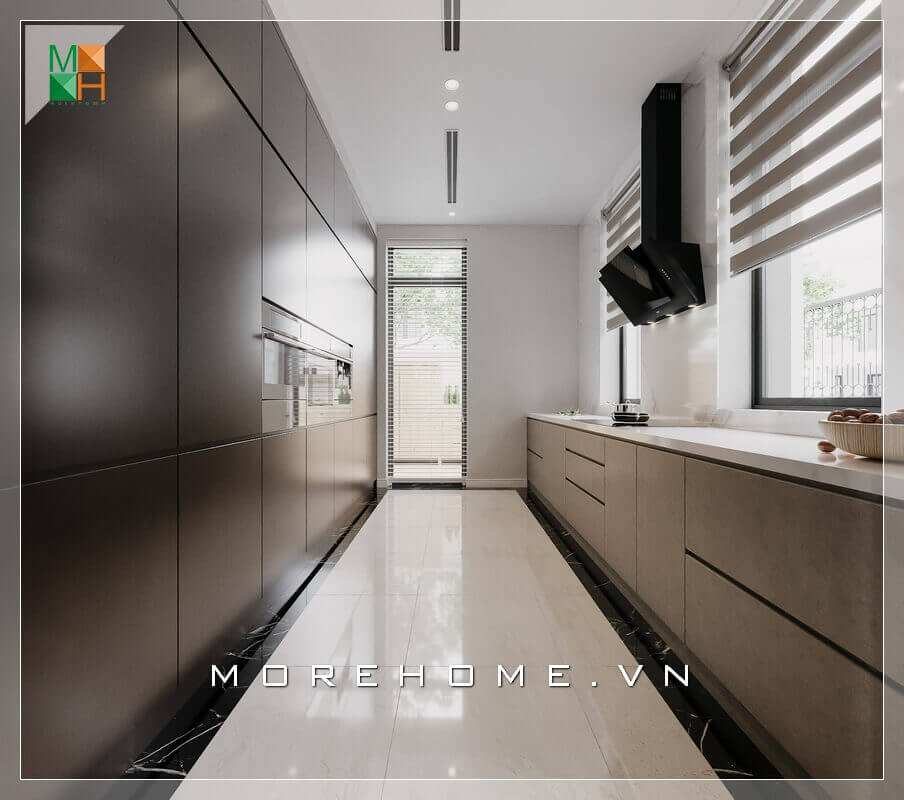 Mẫu thiết kế tủ bếp bằng gỗ công nghiệp chống ẩm ốp mặt đá nhân tạo trắng vân mây cao cấp Thiết kế tủ bếp biệt thự sang trọng