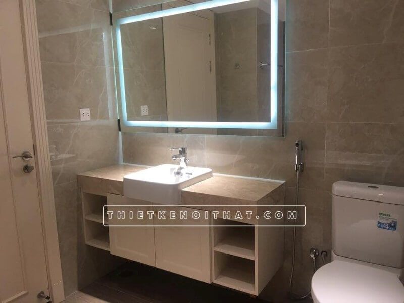 Thi công lắp đặt tủ gỗ công nghiệp dưới lavabo cho phòng vệ sinh nhà vệ sinh chung cư Dcapital Trần Duy Hưng Cầu Giấy Hà Nội