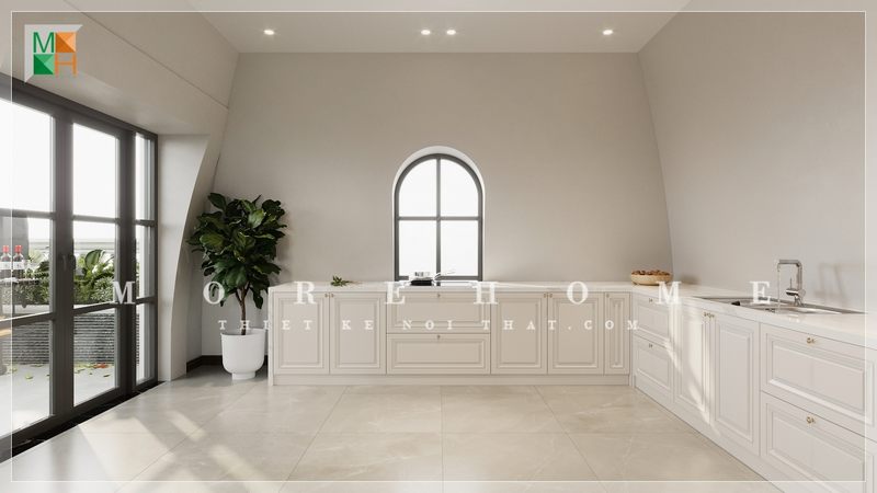 Đá ốp bàn bếp màu trắng với vẻ ngoài sáng bóng mang đến cảm giác thoáng mát sạch sẽ khi bước chân vào căn phòng.